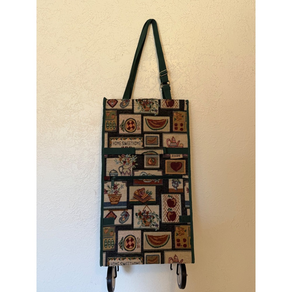 Jade Vintage Tapestry Rolling Shopping Tote Home Sweet Home Market Bag Wheels